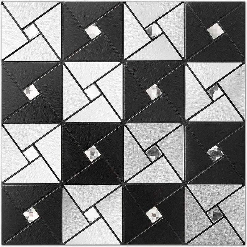 Vamos Tile Peel and Stick Backsplash Tile with Gloves - Metal Tile Stick on Backsplash for Kitchen and Bathroom Black&Silver Windmill Puzzle Glass Mixed Self Adhesive Mosaic Tiles(12"x12"x10 Sheets) - Image 1